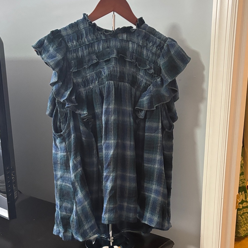 Free People Blue Plaid Ruffle Blouse Boho Smocked Yoke Top